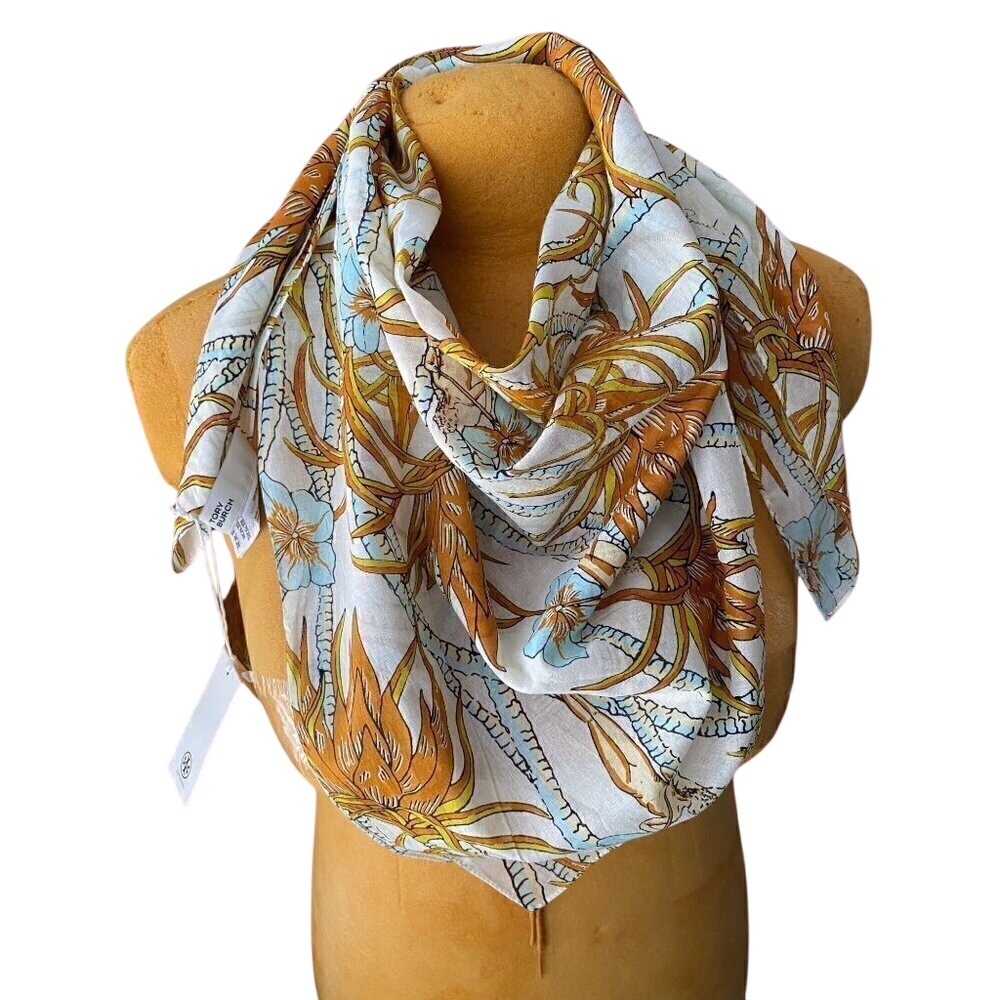 tory burch‎ climbing palms square scarf cotton 36"x36"  #144936-6223 brown tan